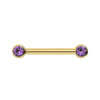 14K yellow gold nipple barbell with dual 3mm amethyst bezel-set gemstones, front view
