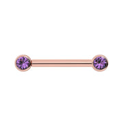 14K rose gold nipple barbell with dual 3mm bezel-set amethyst stones, front view