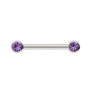 14K white gold nipple barbell with dual 3mm bezel-set amethyst gemstones, front view
