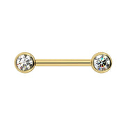 14K yellow gold CZ bezel nipple barbell, front view showing symmetric double-end design