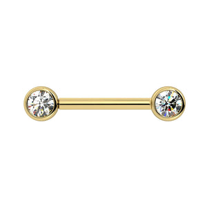 14K yellow gold diamond bezel nipple barbell, straight-on front view showing both ends