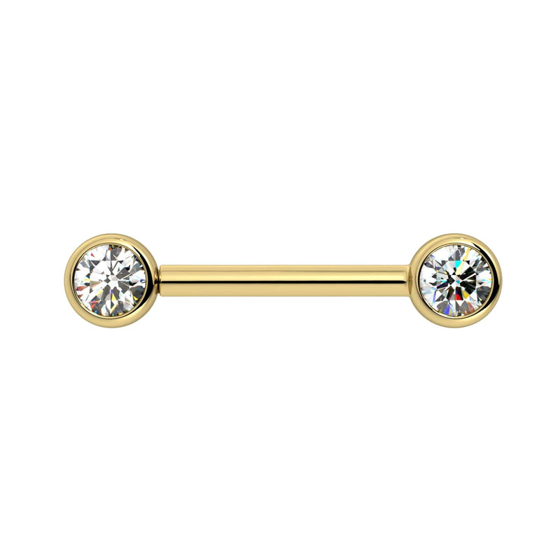 14K yellow gold diamond bezel nipple barbell, straight-on front view showing both ends