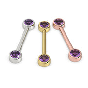 Amethyst bezel nipple barbell in all three metal options: 14K white gold, yellow gold, and rose gold