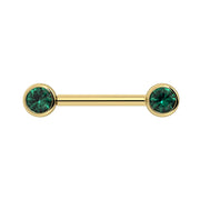 14K yellow gold nipple barbell with dual 4mm emeralds in bezel settings, front view