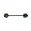 14K rose gold nipple barbell with dual 4mm bezel-set emeralds, straight-on front view