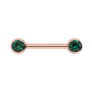 14K rose gold nipple barbell with dual 4mm bezel-set emeralds, straight-on front view