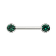 14K white gold nipple barbell with dual 4mm bezel-set emeralds, straight-on front view