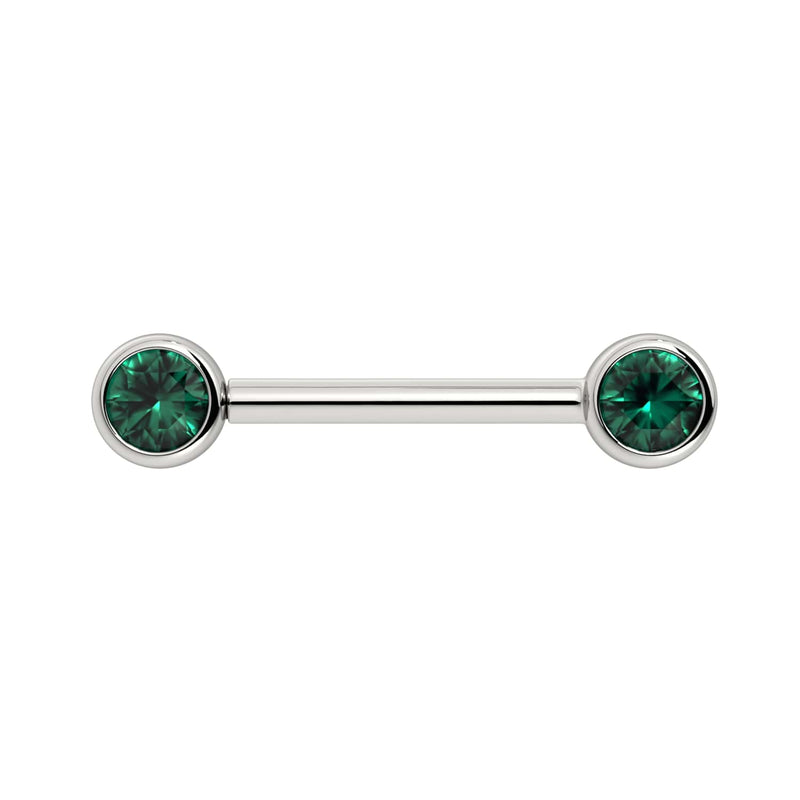 14K white gold nipple barbell with dual 4mm bezel-set emeralds, straight-on front view