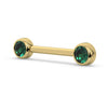 14K yellow gold nipple barbell with dual 4mm emerald bezel settings, angled side view