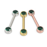 Emerald bezel nipple barbell in all three 14K gold options: white, yellow, and rose gold