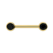14K yellow gold nipple barbell with dual 4mm bezel-set black diamonds, straight front view
