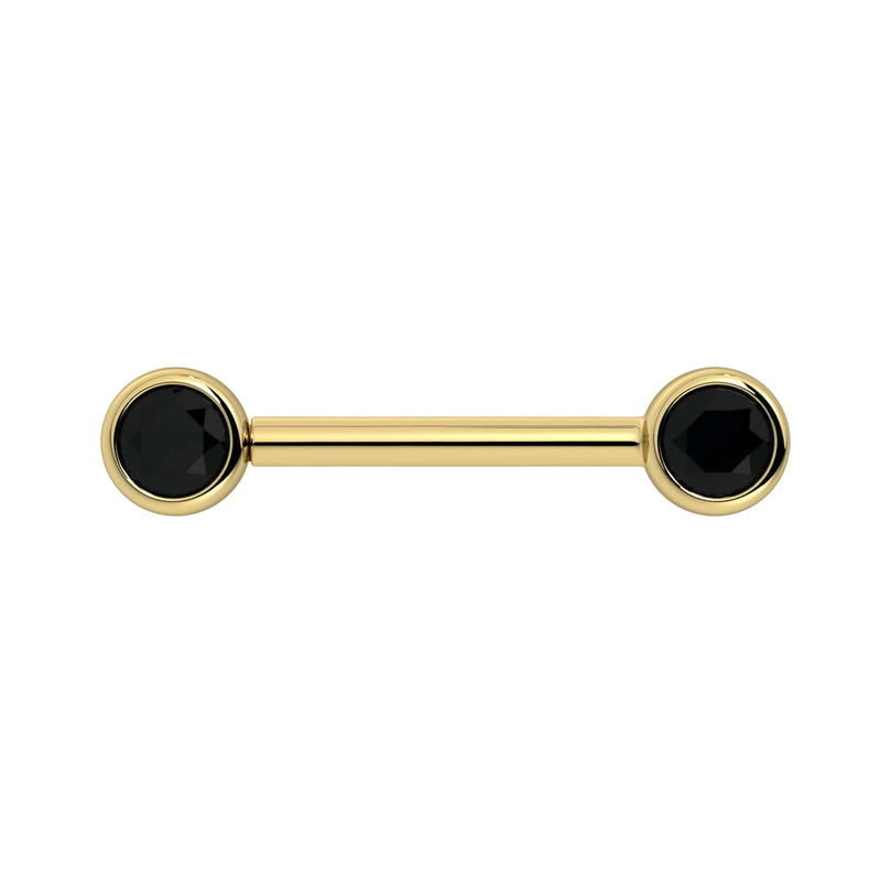 14K yellow gold nipple barbell with dual 4mm bezel-set black diamonds, straight front view