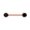 14K rose gold nipple barbell with dual 4mm bezel-set black diamonds, front view