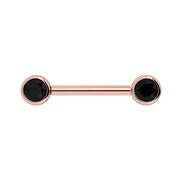 14K rose gold nipple barbell with dual 4mm bezel-set black diamonds, front view