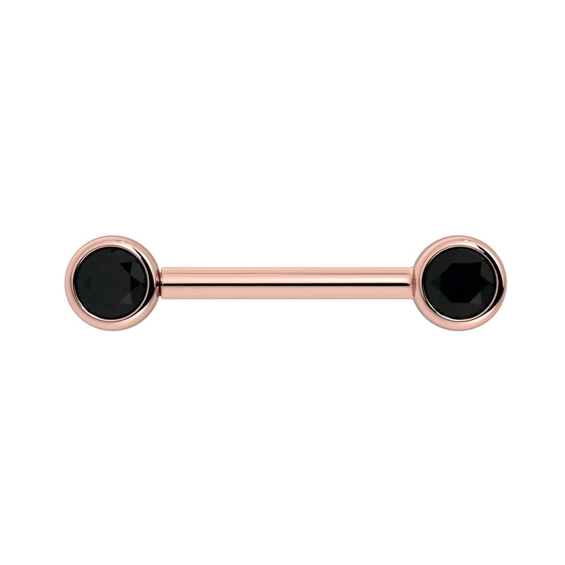 14K rose gold nipple barbell with dual 4mm bezel-set black diamonds, front view