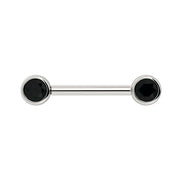 14K white gold nipple barbell with dual 4mm bezel-set black diamonds, front view