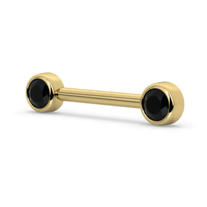14K yellow gold nipple barbell with dual 4mm black diamond bezel ends, angled side view
