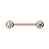 14K rose gold nipple barbell with dual 4mm bezel-set diamonds, front view