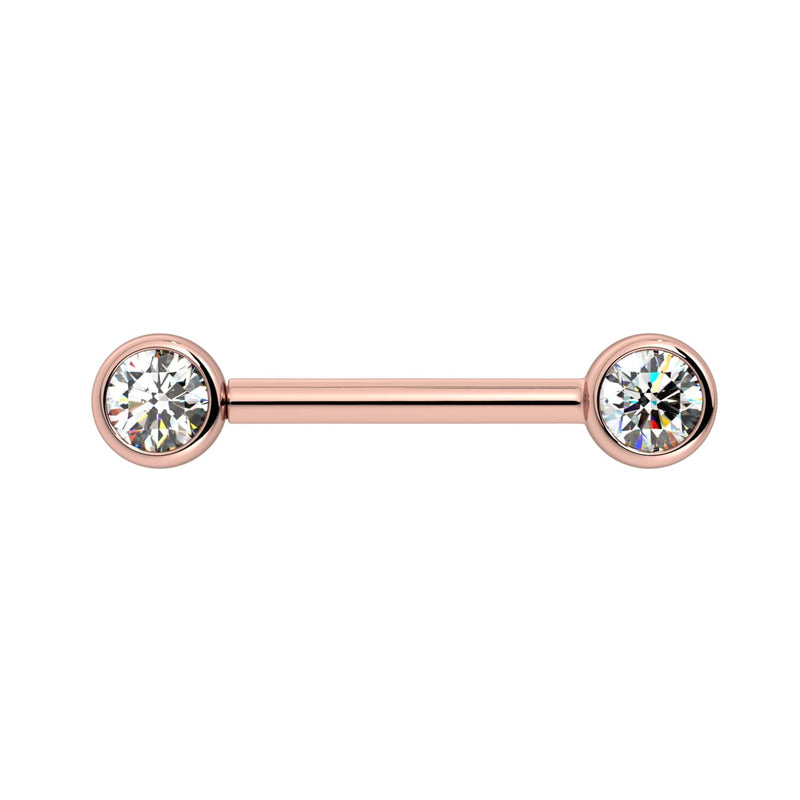 14K rose gold nipple barbell with dual 4mm bezel-set diamonds, front view