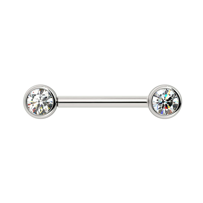14K white gold nipple barbell with two 4mm bezel-set CZs, straight-on front view