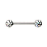14K white gold nipple barbell with two 4mm bezel-set diamonds, front view