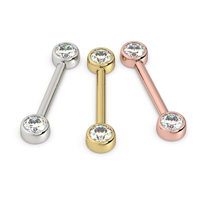 Diamond bezel nipple barbell in all three 14K gold colors: white, yellow, and rose gold
