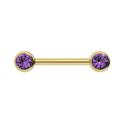 14K yellow gold nipple barbell with dual bezel-set 4mm amethyst stones, straight-on front view