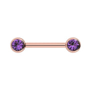 14K rose gold nipple barbell with bezel-set amethyst gemstones, front view showing warm pink tone