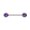 14K white gold amethyst bezel nipple barbell, front view highlighting cool silver tone and purple stones