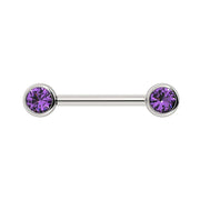 14K white gold amethyst bezel nipple barbell, front view highlighting cool silver tone and purple stones
