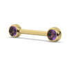 14K yellow gold amethyst bezel nipple barbell, angled view showing dual 4mm purple gemstone ends