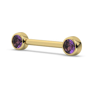14K yellow gold amethyst bezel nipple barbell, angled view showing dual 4mm purple gemstone ends