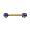 14K yellow gold black Akoya pearl nipple barbell, flat front view showing bezel-set pearl ends