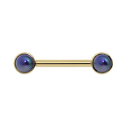 14K yellow gold black Akoya pearl nipple barbell, flat front view showing bezel-set pearl ends