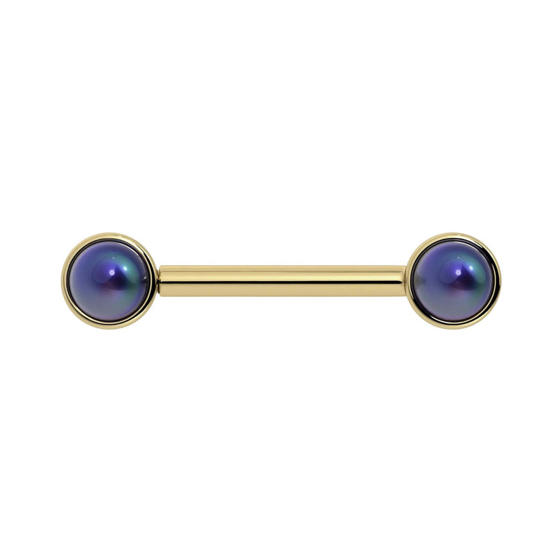 14K yellow gold black Akoya pearl nipple barbell, flat front view showing bezel-set pearl ends