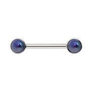 14K white gold black Akoya pearl nipple barbell, straight-on front view of bezel settings