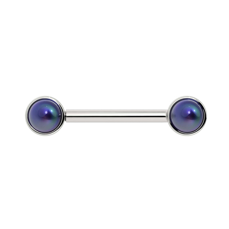 14K white gold black Akoya pearl nipple barbell, straight-on front view of bezel settings