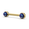 14K yellow gold black Akoya pearl nipple barbell, angled view showing iridescent pearl luster