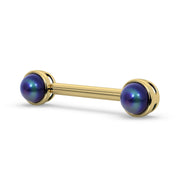 14K yellow gold black Akoya pearl nipple barbell, angled view showing iridescent pearl luster