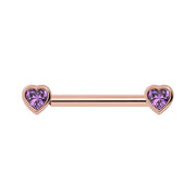 14k rose gold amethyst heart nipple barbell with bezel-set purple heart gemstones, front view