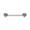 14k white gold amethyst heart nipple barbell with bezel-set purple heart gemstones, front view