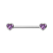 14k white gold amethyst heart nipple barbell with bezel-set purple heart gemstones, front view
