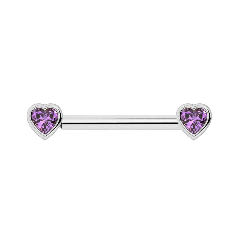 14k white gold amethyst heart nipple barbell with bezel-set purple heart gemstones, front view
