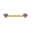 14k yellow gold amethyst heart nipple barbell with bezel-set purple heart gemstones, front view