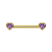 14k yellow gold amethyst heart nipple barbell with bezel-set purple heart gemstones, front view