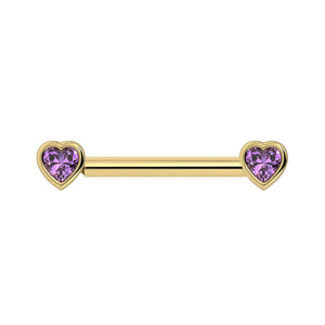 14k yellow gold amethyst heart nipple barbell with bezel-set purple heart gemstones, front view