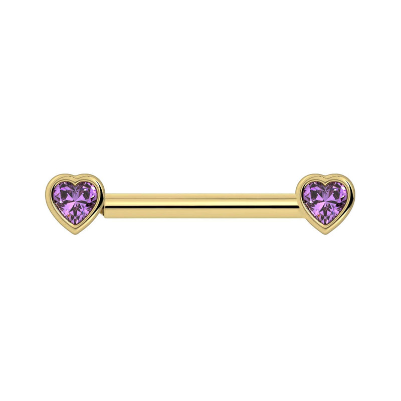 14k yellow gold amethyst heart nipple barbell with bezel-set purple heart gemstones, front view