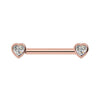 14k rose gold diamond heart nipple barbell with bezel-set heart-shaped diamonds, front view