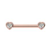 14k rose gold diamond heart nipple barbell with bezel-set heart-shaped diamonds, front view