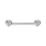 14k white gold diamond heart nipple barbell with dual bezel-set heart diamonds, front view